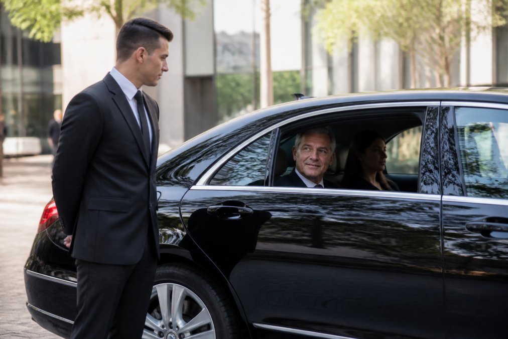 Professional chauffeur in dark suit standing beside a luxury black sedan with executive passengers visible through rear window, modern city street backdrop with natural daylight