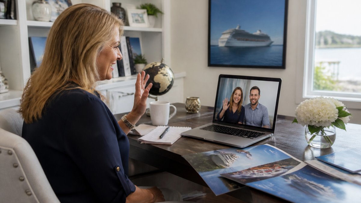 Professional travel advisor at modern office desk with cruise ship brochures and computer, video conferencing with client, warm natural lighting