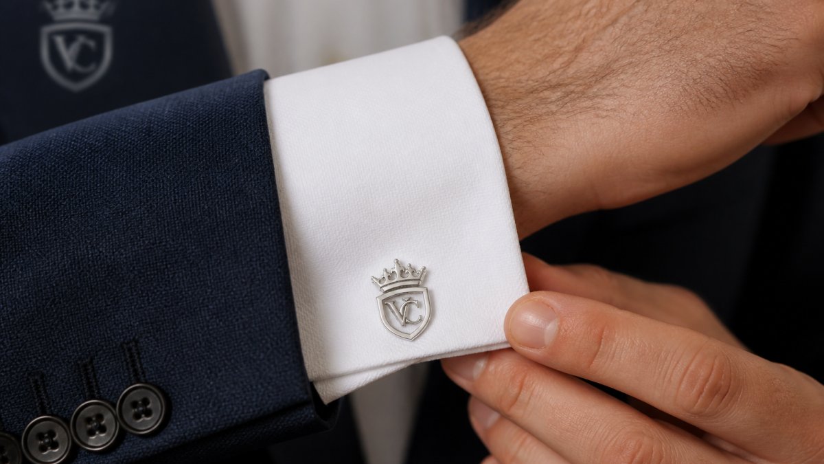 Diagram showing the correct alignment and fastening of crown-design cufflinks on a white dress shirt cuff