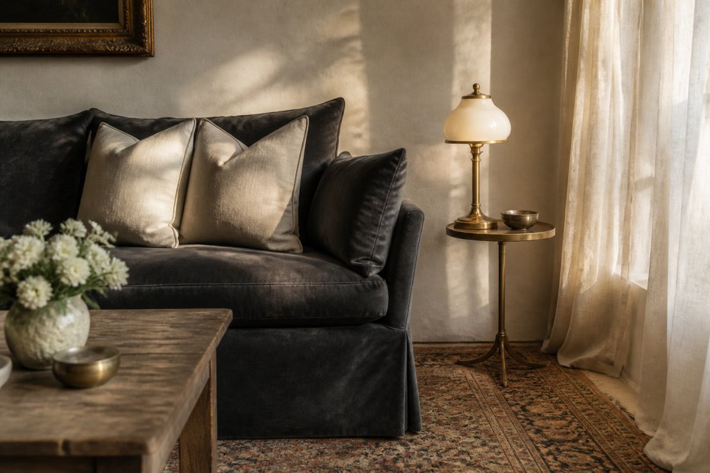 Luxurious living room corner featuring a deep velvet sofa in charcoal gray layered with cream linen throw pillows, an antique Persian rug in warm earth tones, soft brass table lamp with frosted glass shade, and natural afternoon light filtering through sheer curtains creating dimensional shadows on textured walls