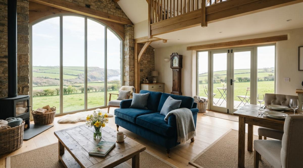 Luxurious converted barn interior with vaulted ceilings, log burner with warm glow, large windows framing countryside views, modern furnishings and neutral tones creating an inviting retreat space
