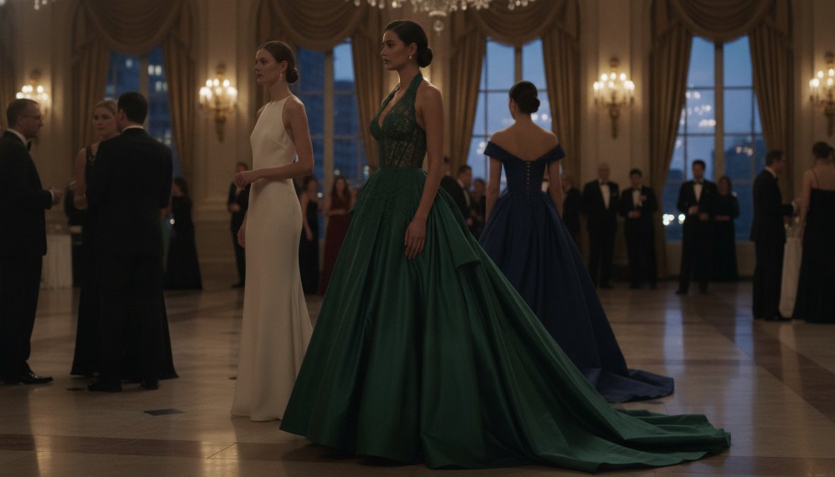 Professional illustration showing woman and wearing and elegant concepts for luxury evening gowns
