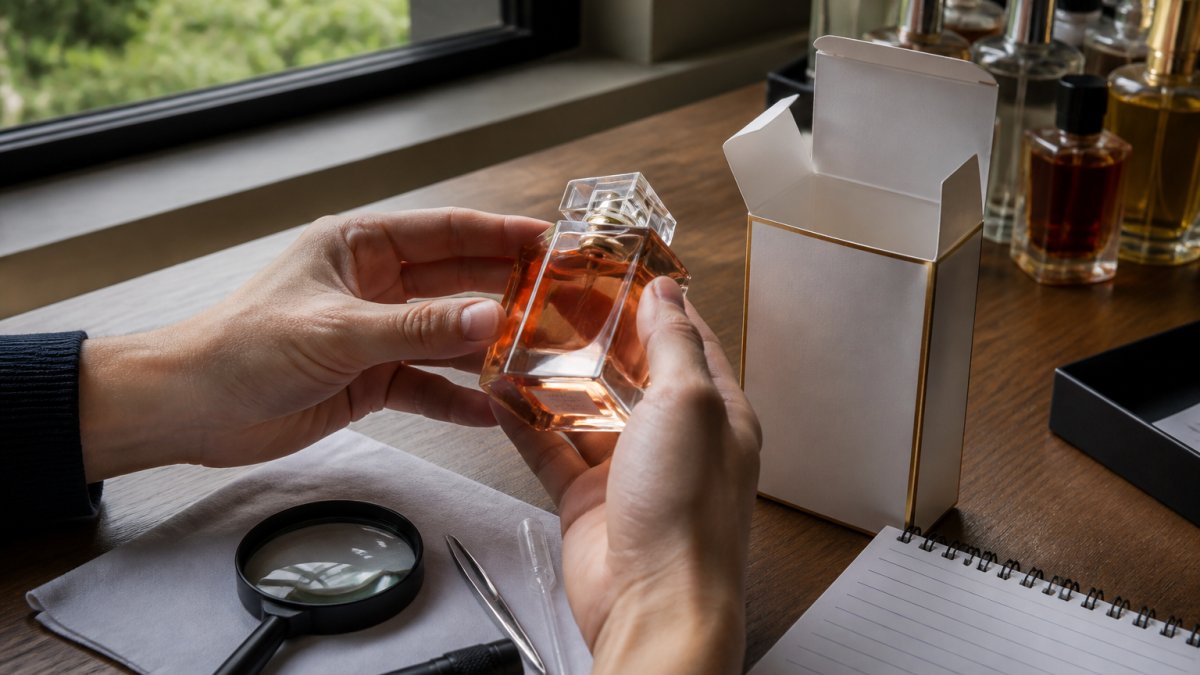 Close-up of hands holding a luxury perfume bottle, examining the batch code label and packaging details under bright natural lighting from a window