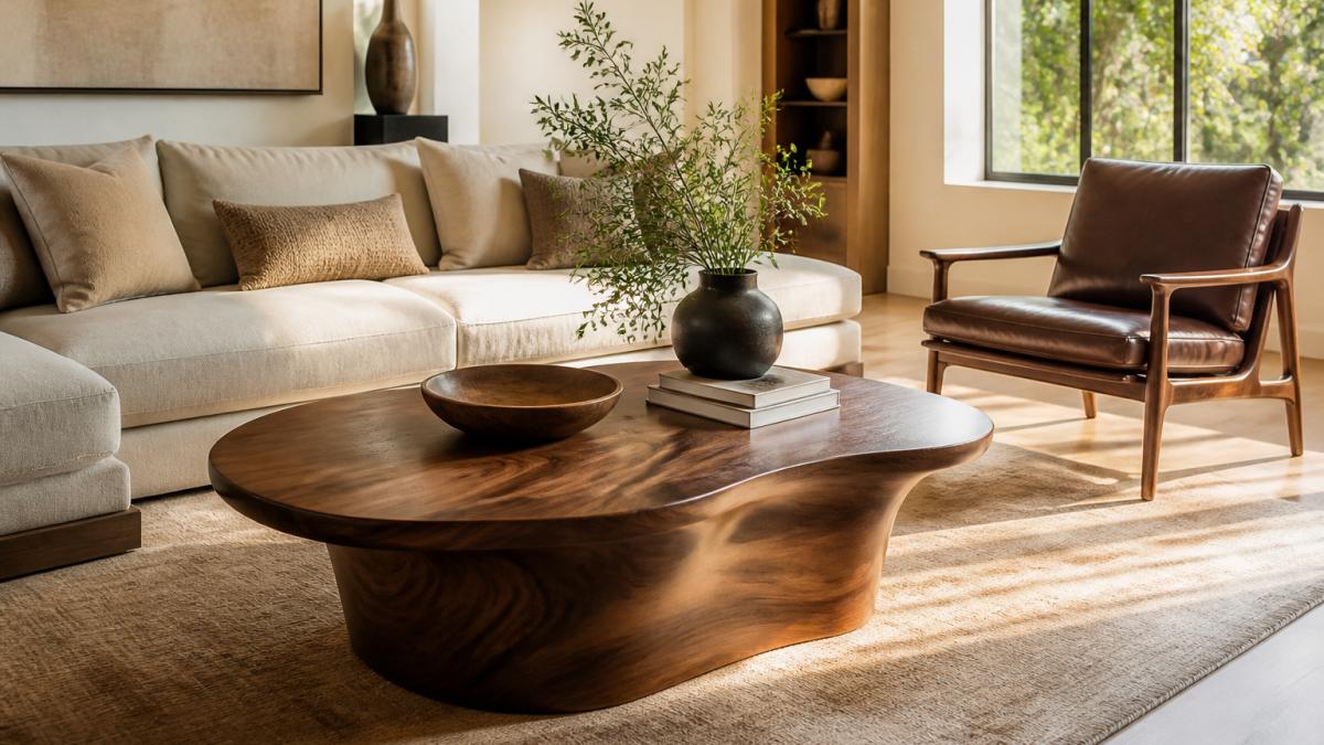 Sophisticated living room after renovation with sculptural walnut coffee table as centerpiece, leather lounge chair nearby, natural light streaming through windows, neutral tones creating warm inviting atmosphere
