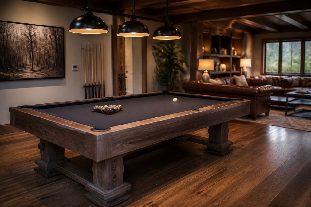 A luxurious home game room featuring a solid wood pool table as the centerpiece, with warm ambient lighting and elegant leather seating in the background