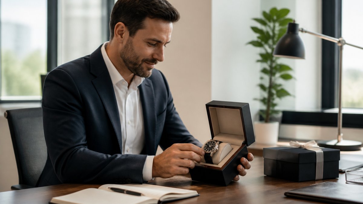 A professional in a bright modern office reviewing a luxury watch in a gift box on a desk with a notepad and pen nearby, soft natural window light