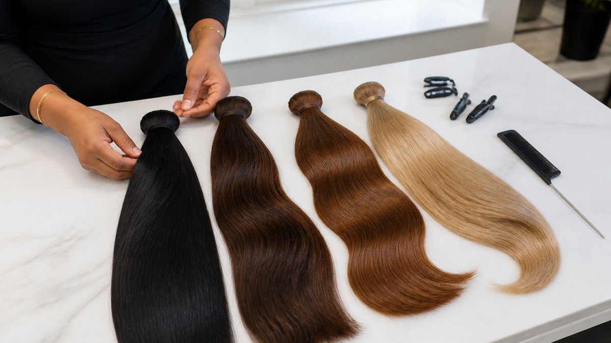 A salon professional laying out four separate bundles of long, glossy human hair on a clean white styling station, with sectioning clips and a comb arranged neatly beside them, soft daylight from a window