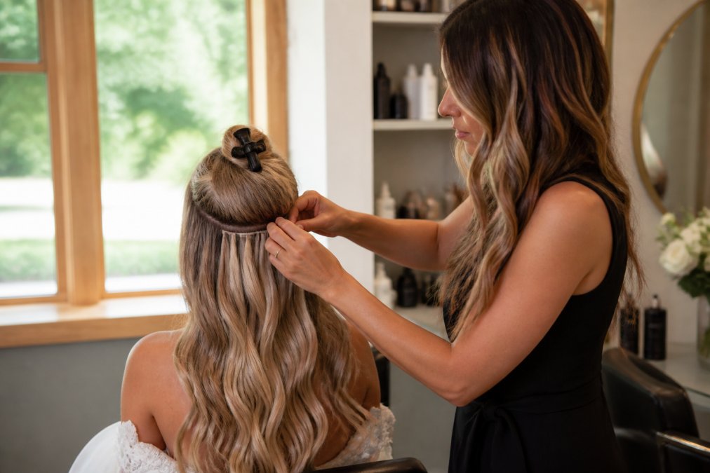 Professional demonstrating best luxury hair extensions for weddings technique in modern bridal salon with natural lighting from large windows