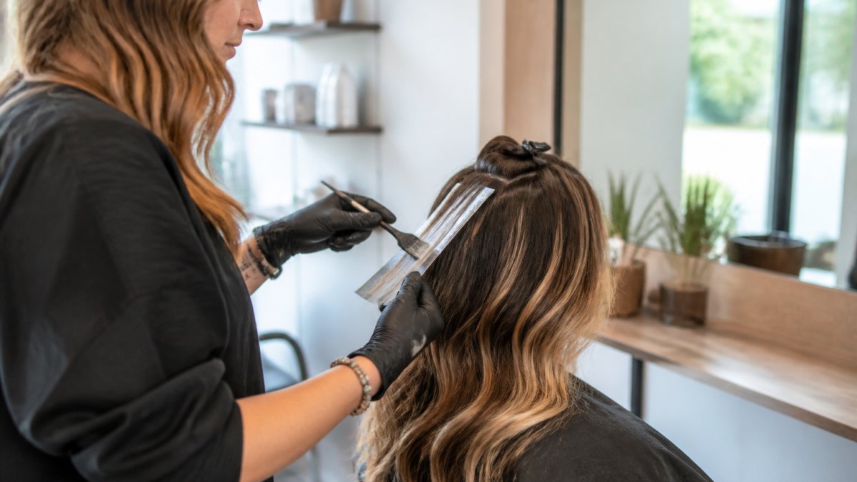 Professional stylist applying hand-painted dimensional balayage color to client's hair, showing precise brush technique with natural light reflecting blonde and brunette tones blending seamlessly