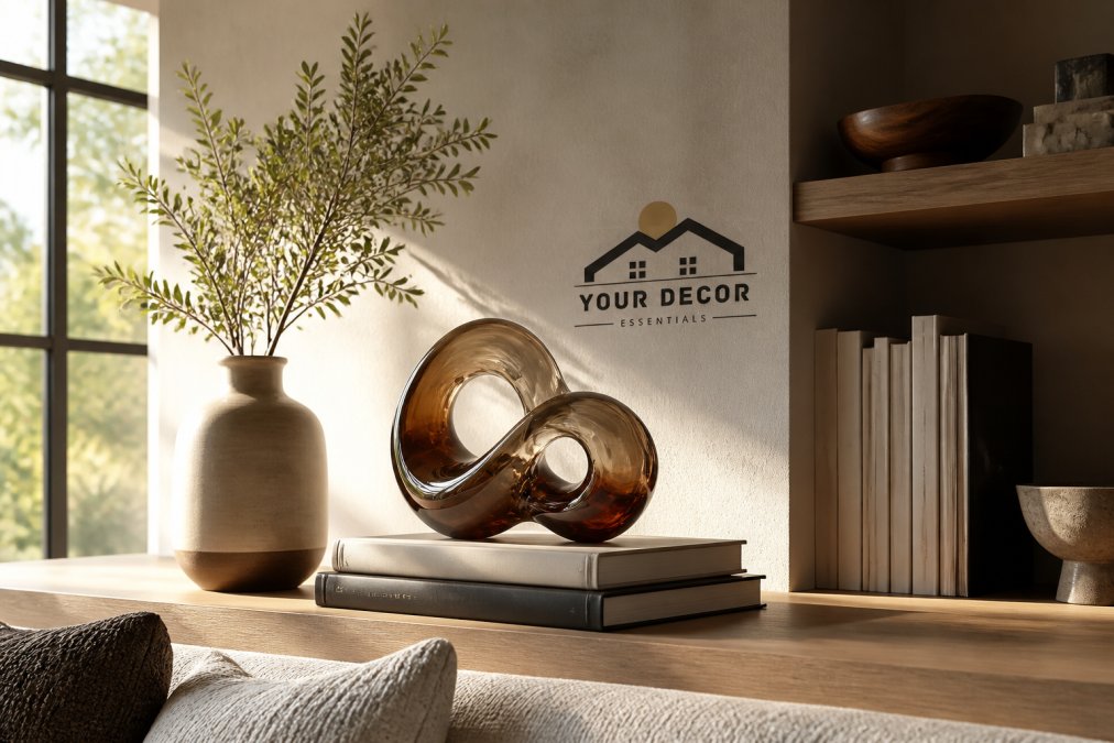 A styled living room shelf displaying an abstract resin sculpture, a ceramic vase, and a stack of art books, with warm natural light from a window