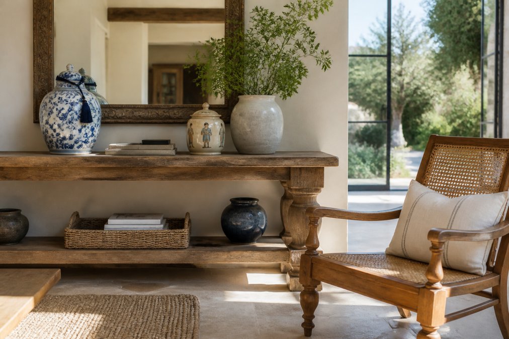 Chinoiserie porcelain and wooden lounge chair styled as luxury home decor in a sunlit Mediterranean interior.