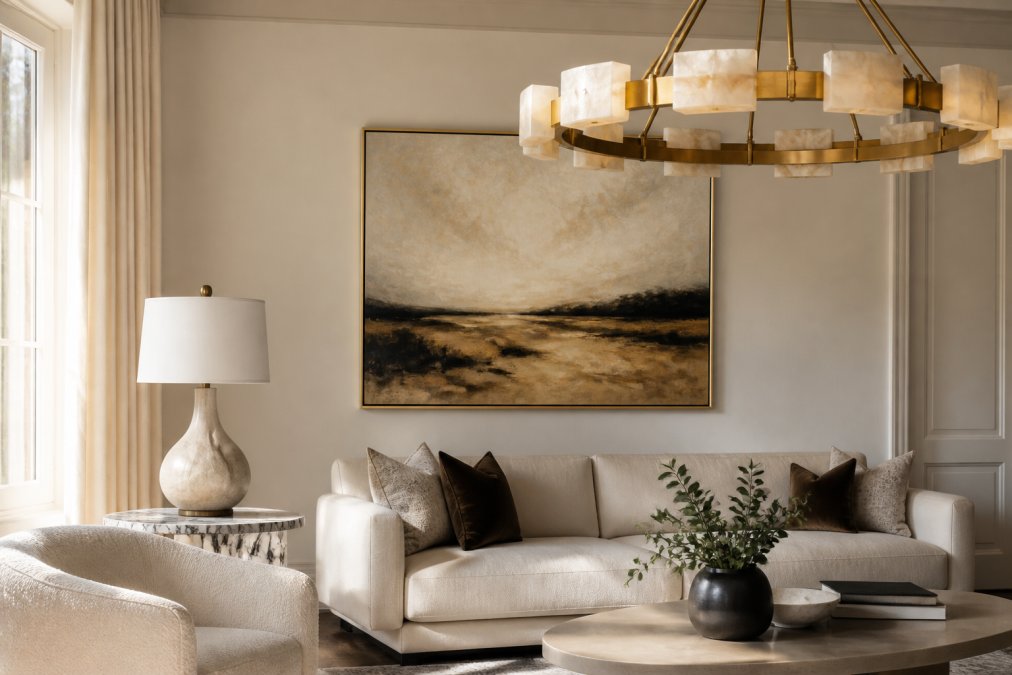 A beautifully styled luxury living room featuring a large alabaster and brass chandelier overhead, a sculptural ceramic table lamp on a marble side table, and an original oil painting on canvas hung above a cream linen sofa, bathed in warm afternoon light