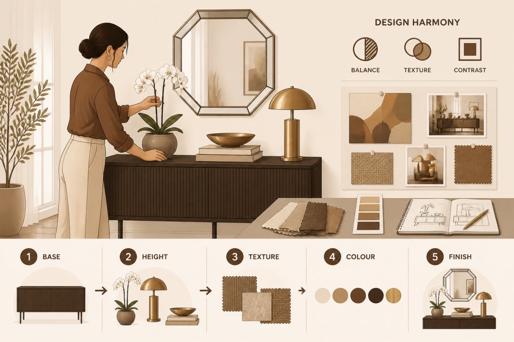 An interior designer arranging high-end home accessories on a console table in a light-filled, minimalist room, with fabric swatches, a mood board, and a brass table lamp visible on the surface nearby
