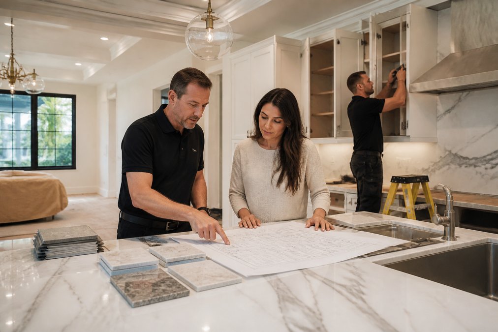 A professional contractor in a bright South Florida home reviewing architectural plans with a homeowner at a kitchen island surrounded by material samples, custom cabinetry being installed in the background with marble countertops gleaming under recessed lighting