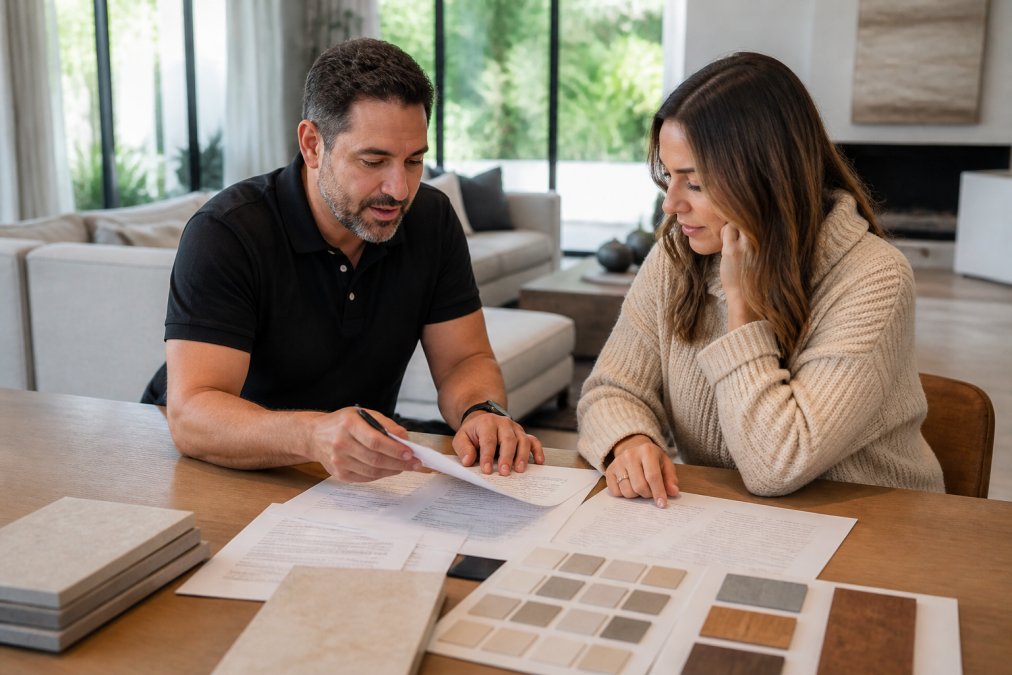 A homeowner and a professional contractor seated across from each other in a well-lit living room, reviewing a printed contract and project documents spread across a wooden table, with tile samples and material swatches visible nearby