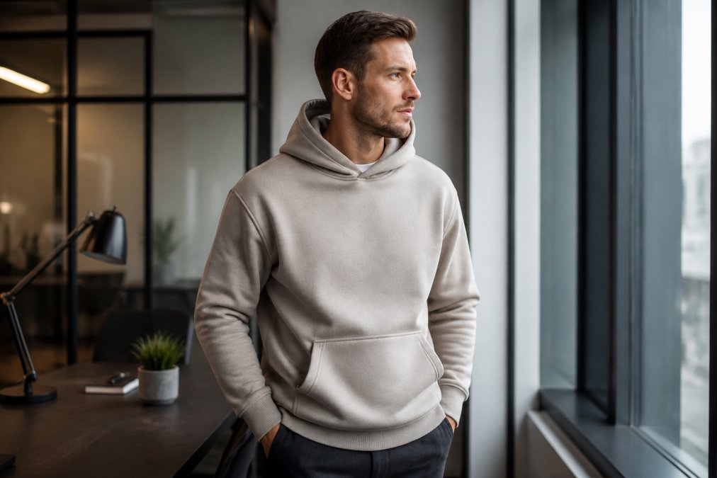 Professional man wearing premium heavyweight luxury hoodie in neutral tones standing in modern minimalist office setting with natural window lighting, showing fabric texture and tailored fit details
