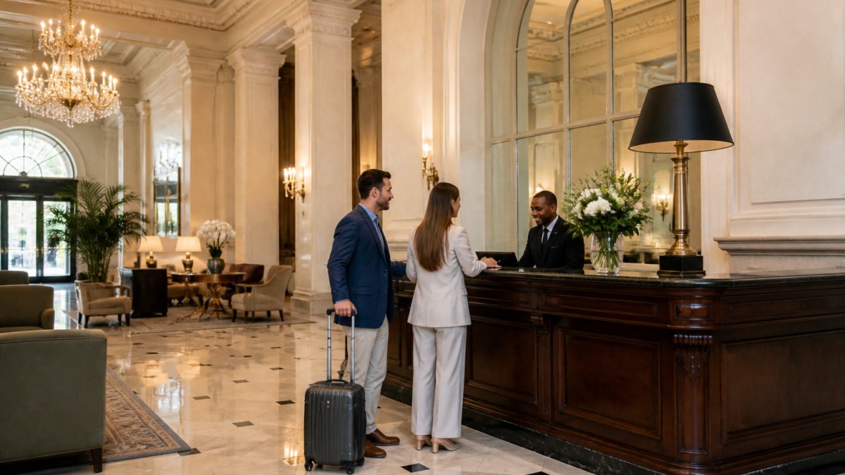 Elegant hotel lobby with soaring ceilings, crystal chandeliers, and marble columns reflecting Charleston's historic architecture, with guests checking in at the polished reception desk
