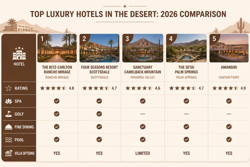 Feature comparison matrix showing amenities (spa, golf, fine dining, pool, villa options) across top 5 luxury hotels with ratings and checkmarks
