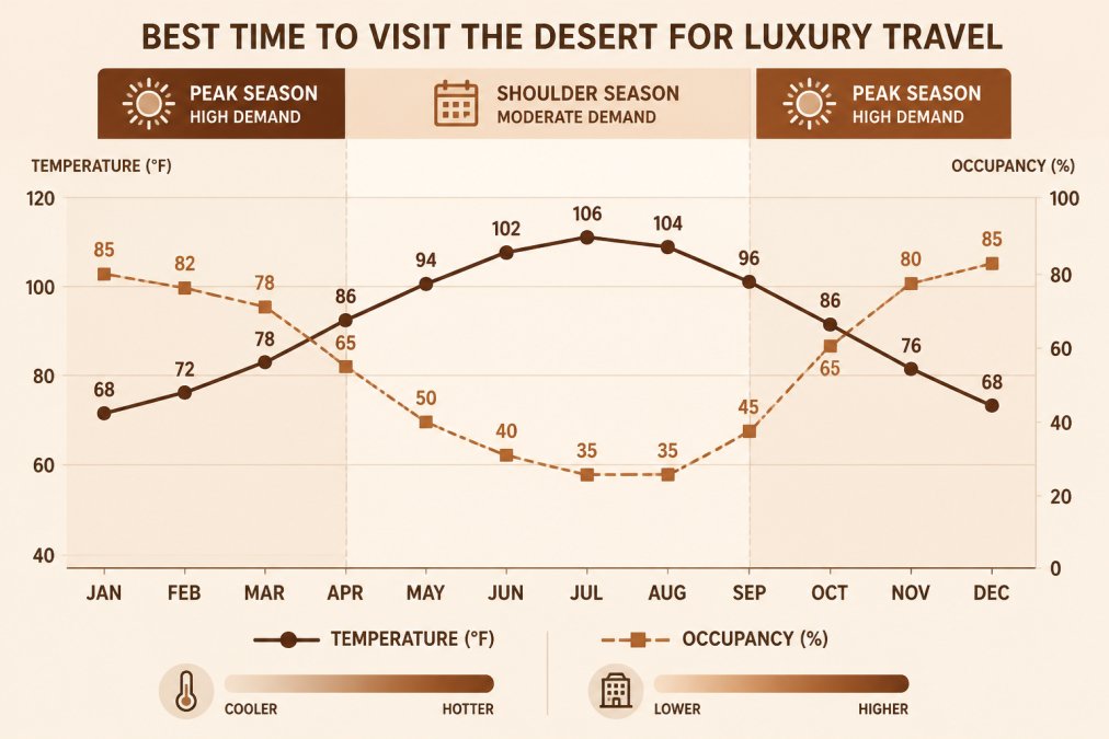 Line chart showing average temperatures and occupancy rates by month (January-December) visualizing peak season vs. shoulder season demand patterns