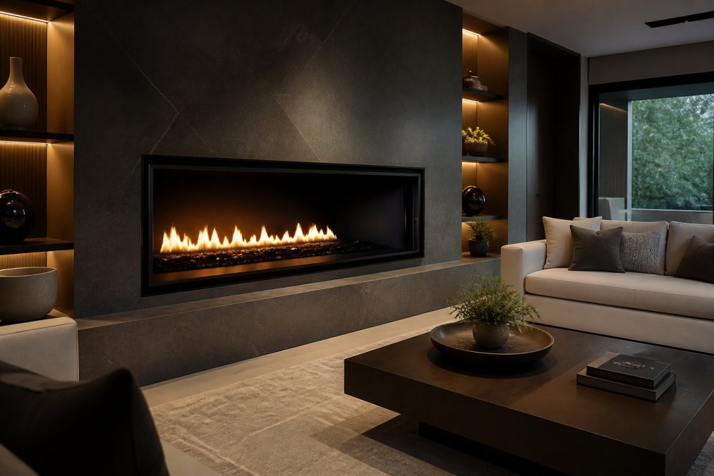 Modern luxury living room with a sleek linear gas fireplace as the focal point, warm amber flames visible through expansive glass, contemporary furniture arranged around the hearth, soft ambient lighting reflecting off polished stone mantel