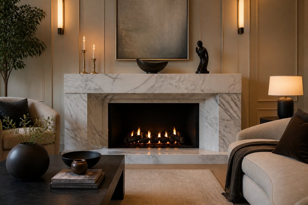 Elegantly styled fireplace surround with custom marble mantel, designer accessories including sculptural objects and candlesticks, integrated ambient lighting creating architectural drama, high-end furniture arrangement around the hearth
