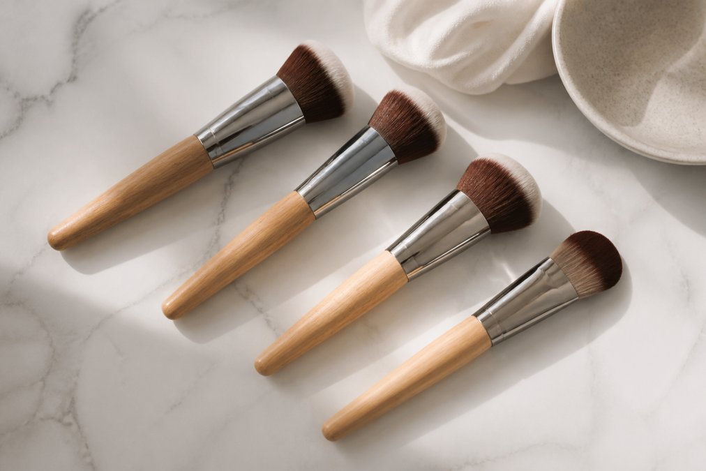 A flat-lay photograph of four luxury foundation brushes with natural wood handles and dense, soft bristles arranged on a clean white marble surface with soft, natural lighting