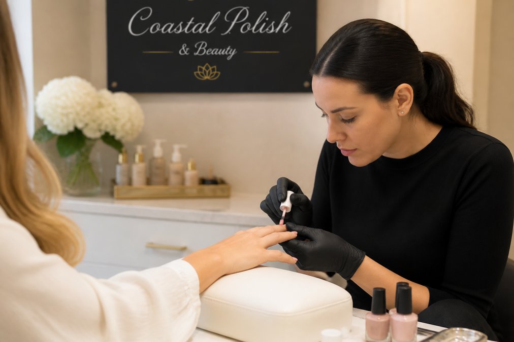 Close-up of a skilled technician carefully applying a long-lasting polish during a professional manicure, her focus evident in the precise stroke of the brush, set in a serene, softly lit salon