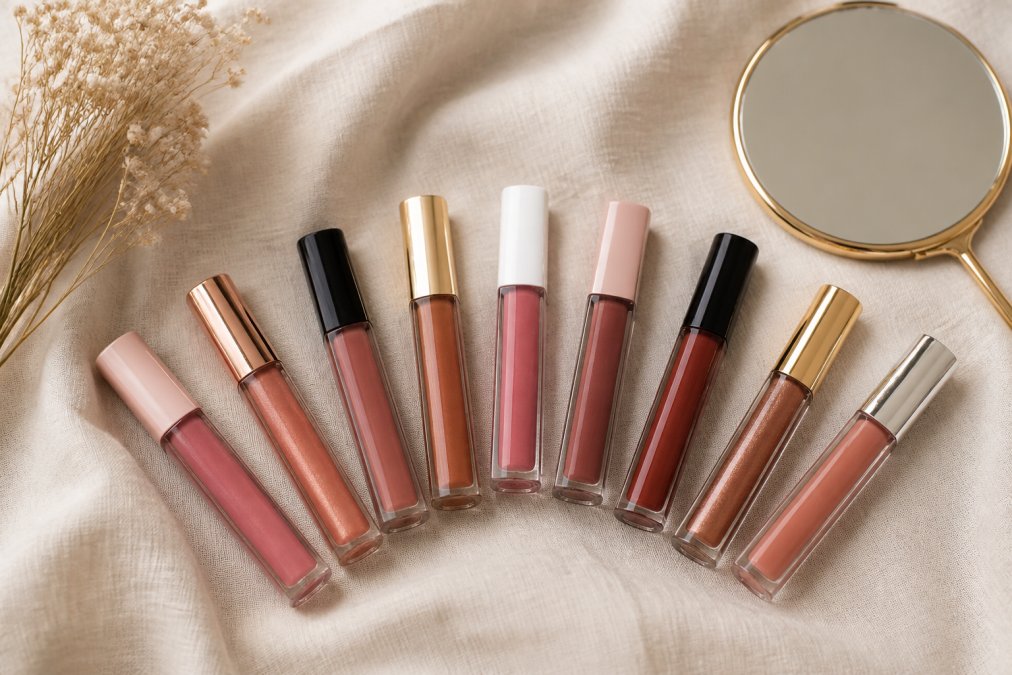 Overhead flat lay of nine lip gloss tubes arranged in a fan on a cream linen surface, with a small hand mirror and a sprig of dried flowers at the edge