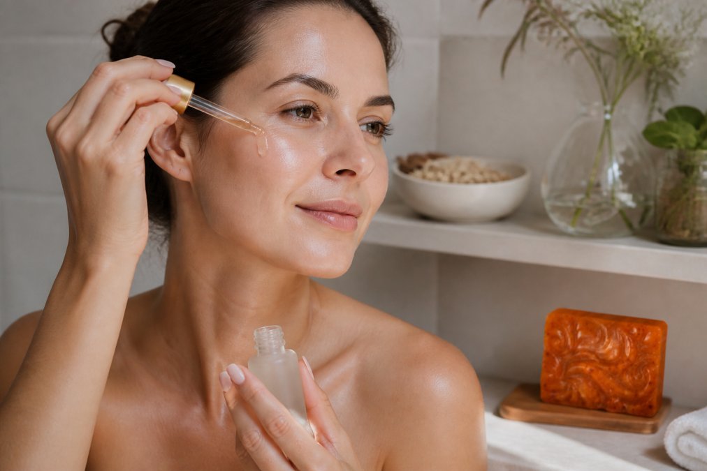 Woman applying a botanical skincare product as part of a natural skincare routine