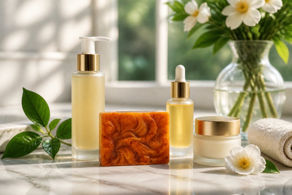 Botanical skincare products arranged for a simple luxury skincare routine