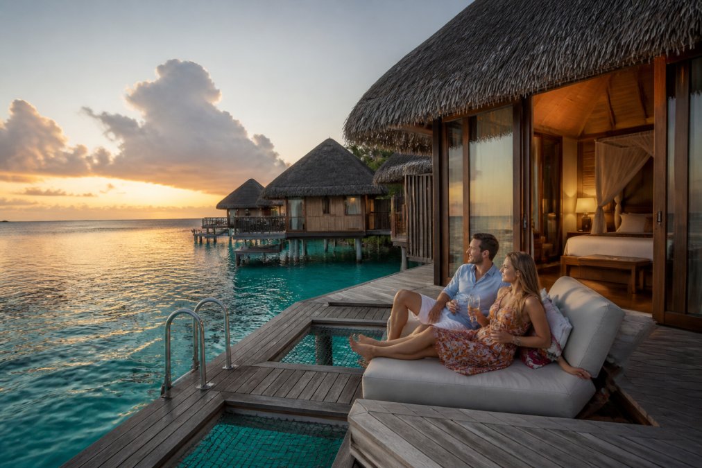 A serene overwater villa with a private deck and ladder leading into a clear turquoise lagoon, thatched roof, glass-bottom floor visible through the deck boards, tropical sunset lighting