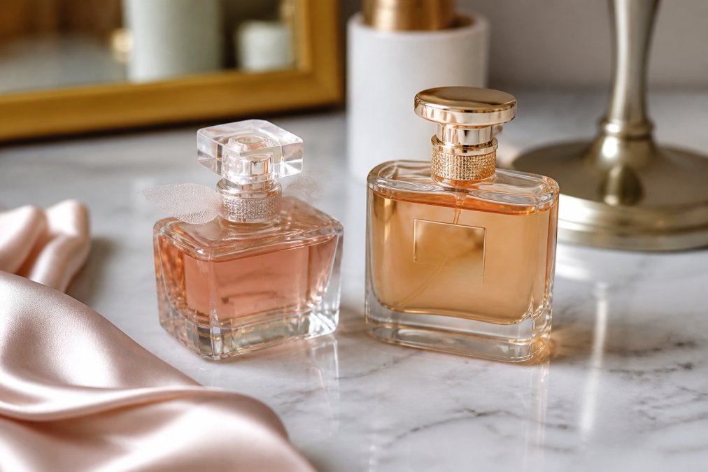 Elegant luxury perfume bottles arranged with a silk scarf on a marble vanity under soft natural light.