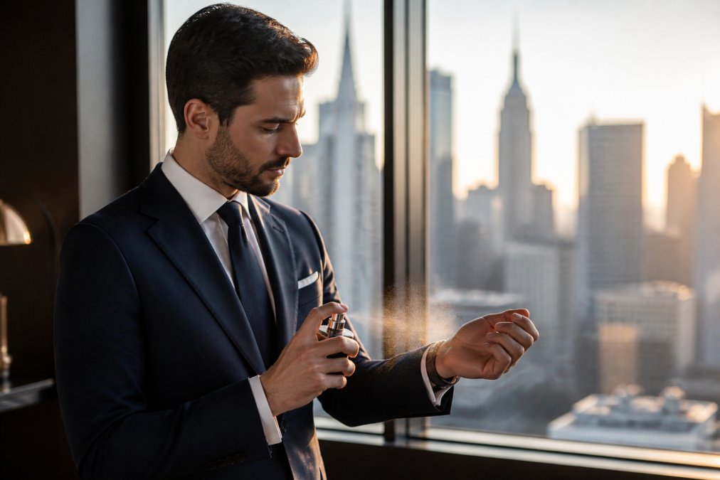 Professional in a navy suit applying perfume to their wrist by a sunlit office window overlooking the city skyline
