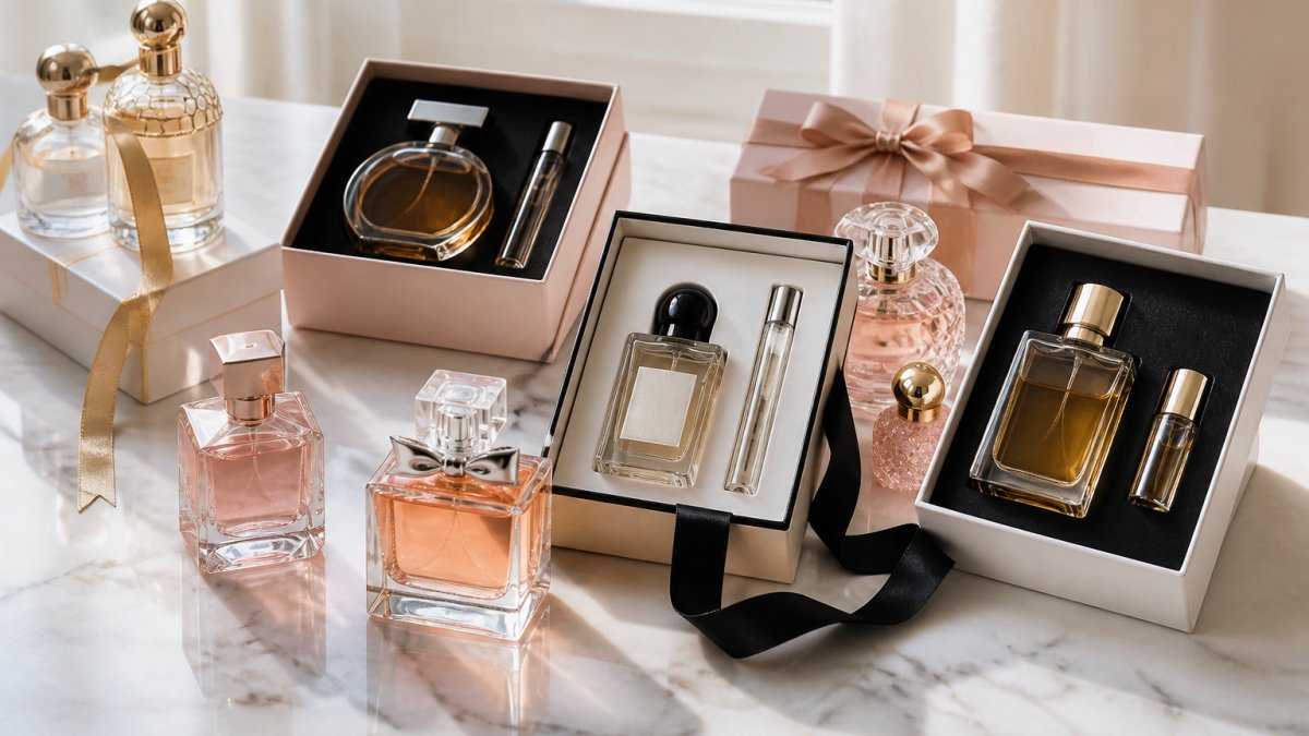 Arranged luxury perfume bottles and gift sets displayed on a white marble surface with soft natural window lighting, showing various elegant glass bottles with designer packaging and silk ribbons