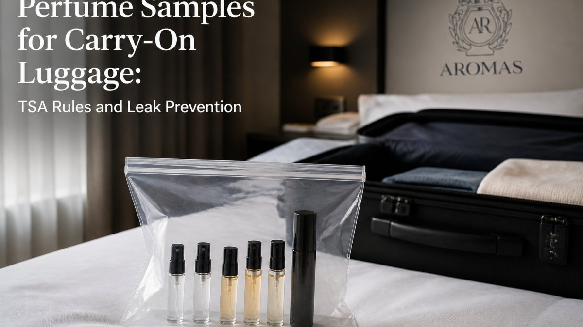 A close-up of a clear quart-size zip-top bag on a hotel bed holding several small glass perfume sample vials and a rollerball, with a packed carry-on suitcase blurred in the background