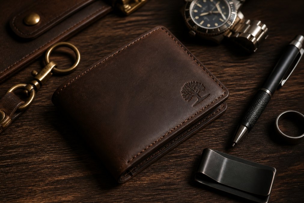 Flat lay of premium full-grain leather wallet with subtle engraving, displayed on dark wood surface alongside metal accessories, warm golden light highlighting leather texture