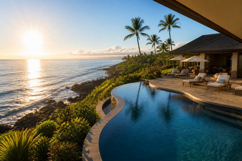 Aerial view of a luxury oceanfront villa on the Big Island with infinity pool overlooking the Pacific Ocean, lush tropical landscaping, and morning sunlight reflecting off the water