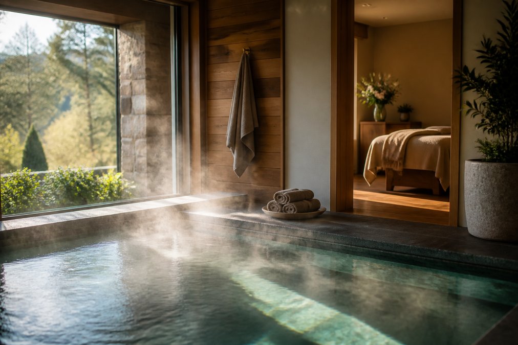 Serene spa sanctuary with soft natural lighting filtering through large windows, heated mineral pool with steam rising, private massage treatment room visible with fresh flowers and calming earth-tone furnishings
