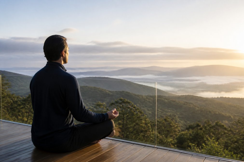Executive in peaceful meditation pose overlooking mountain landscape at dawn, sitting on private terrace of luxury wellness retreat with soft morning light, representing mental clarity and transformation