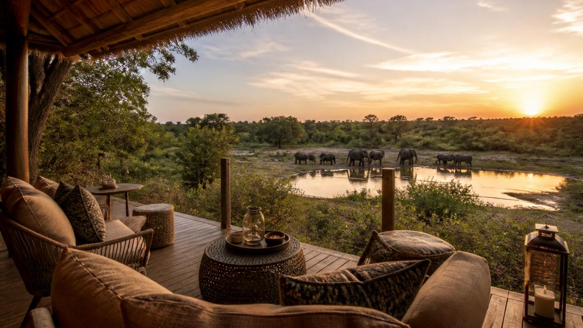 A luxury safari lodge deck at golden hour overlooking a South African bushveld waterhole, with elephants drinking in the distance and elegant outdoor furniture in the foreground