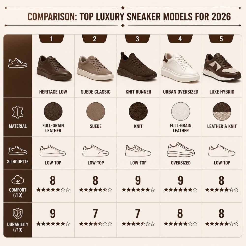 Comparison matrix of 5 luxury sneaker model styles showing material (full-grain leather, suede, knit), silhouette (low-top, oversized), comfort rating out of 10, and durability score out of 10