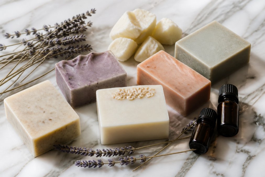 A flat-lay arrangement of several artisan bar soaps with dried lavender sprigs, chunks of raw shea butter, and small dark glass essential oil bottles arranged on a white marble surface under soft natural light
