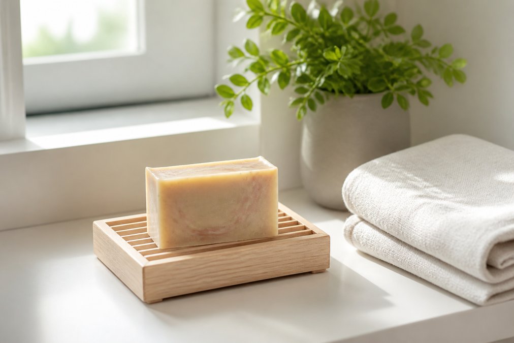 A light wooden soap dish holding a single artisan bar soap on a clean bathroom shelf, soft natural light coming from a nearby window, a small green plant and a folded white linen towel placed beside it