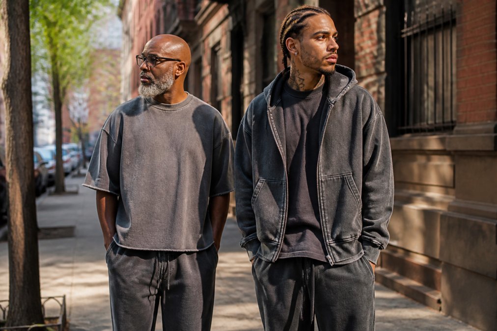 Two stylish adults of different ages and builds wearing premium streetwear, one in a structured raw-seam boxy tee and relaxed brushed-fleece sweatpants, the other layering a snow-washed zip hoodie over a minimal outfit, posed on a sunlit city sidewalk with warm afternoon light