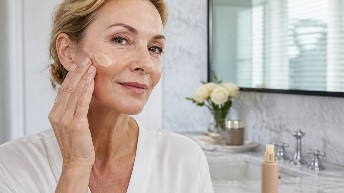 Woman in her 50s applying tinted facial sunscreen in a bright, modern marble bathroom.