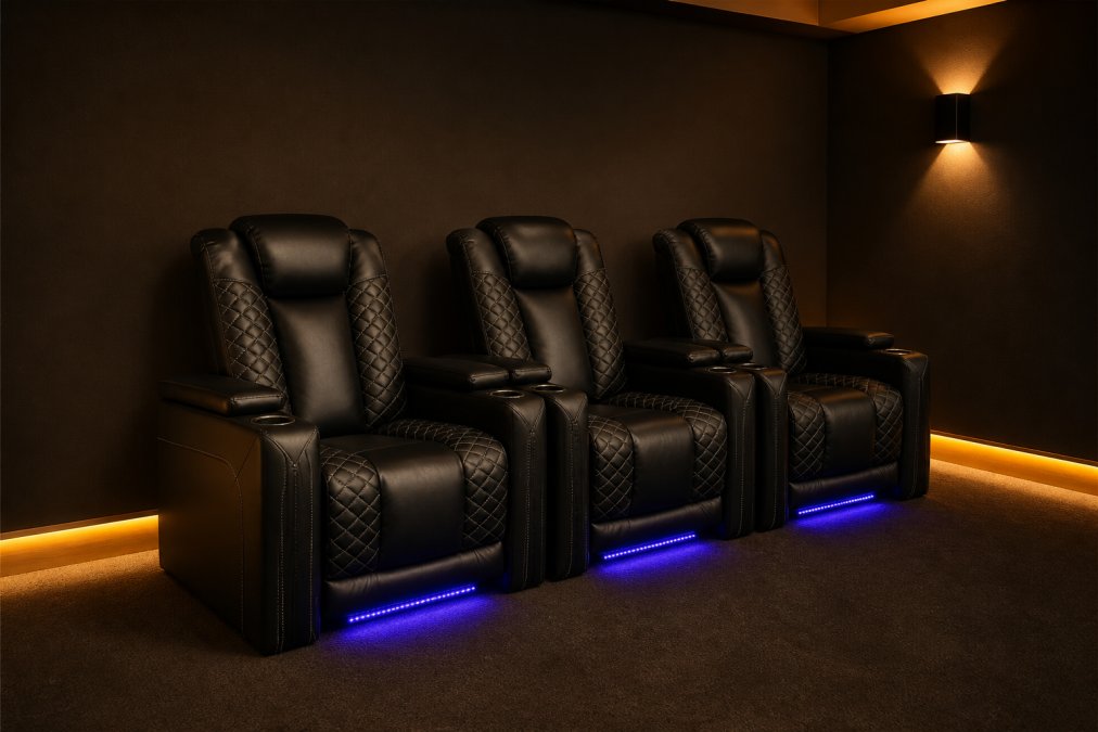 A cozy, dimly lit small home media room with three dark faux-leather power recliners arranged in a single row facing a large wall-mounted screen, warm amber ambient lighting glowing along the baseboards, cup holders visible on each armrest