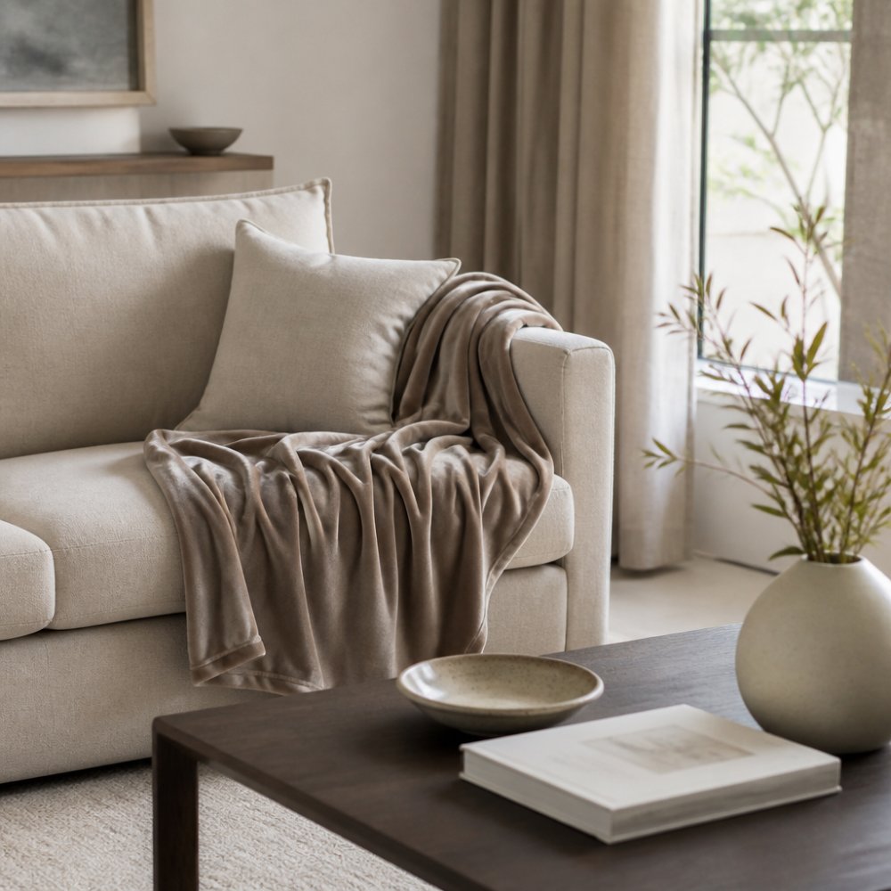 Step-by-step guide for styling a luxury throw blanket on a neutral sofa with decorative accents