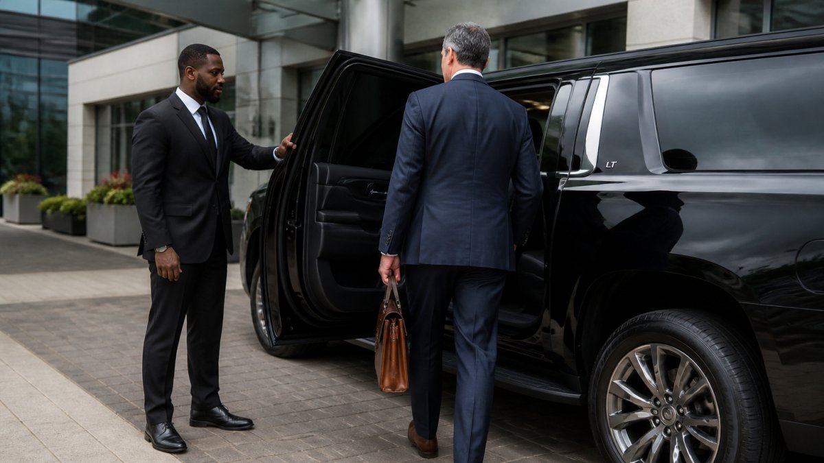 A black luxury SUV parked outside a modern Charlotte office building, with a professionally dressed chauffeur holding the rear door open for a business executive in a suit