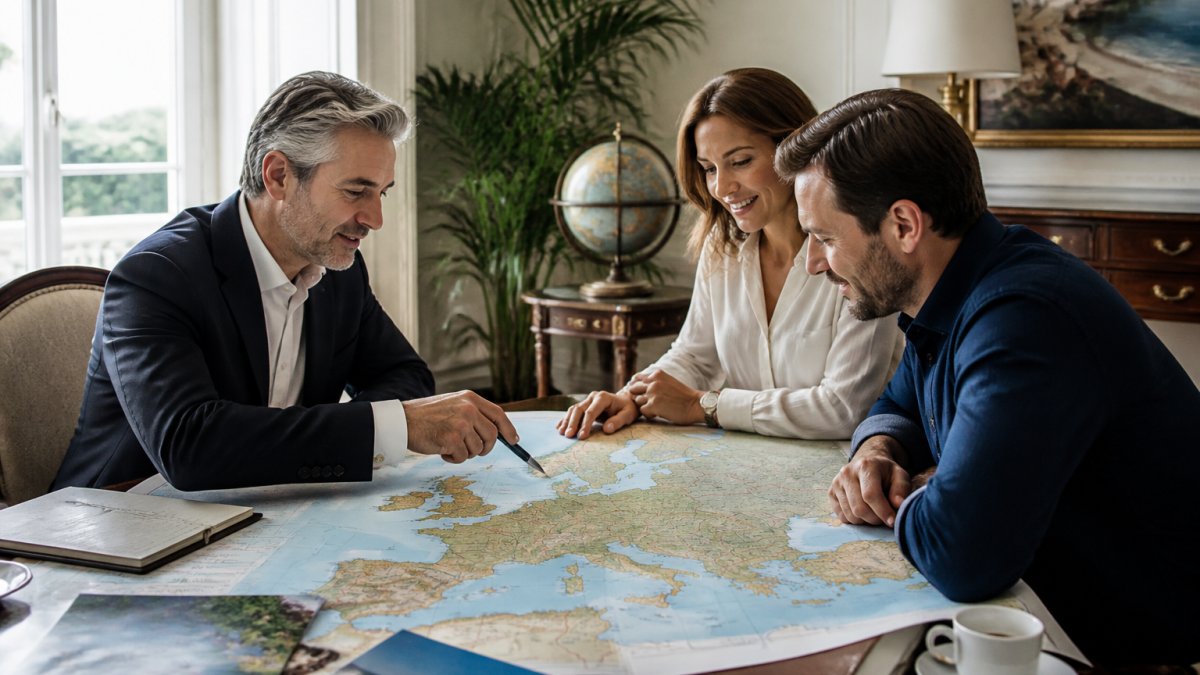 A luxury travel advisor reviewing a large map of Europe with a couple in a bright, elegant office, pointing to destinations while discussing itinerary options