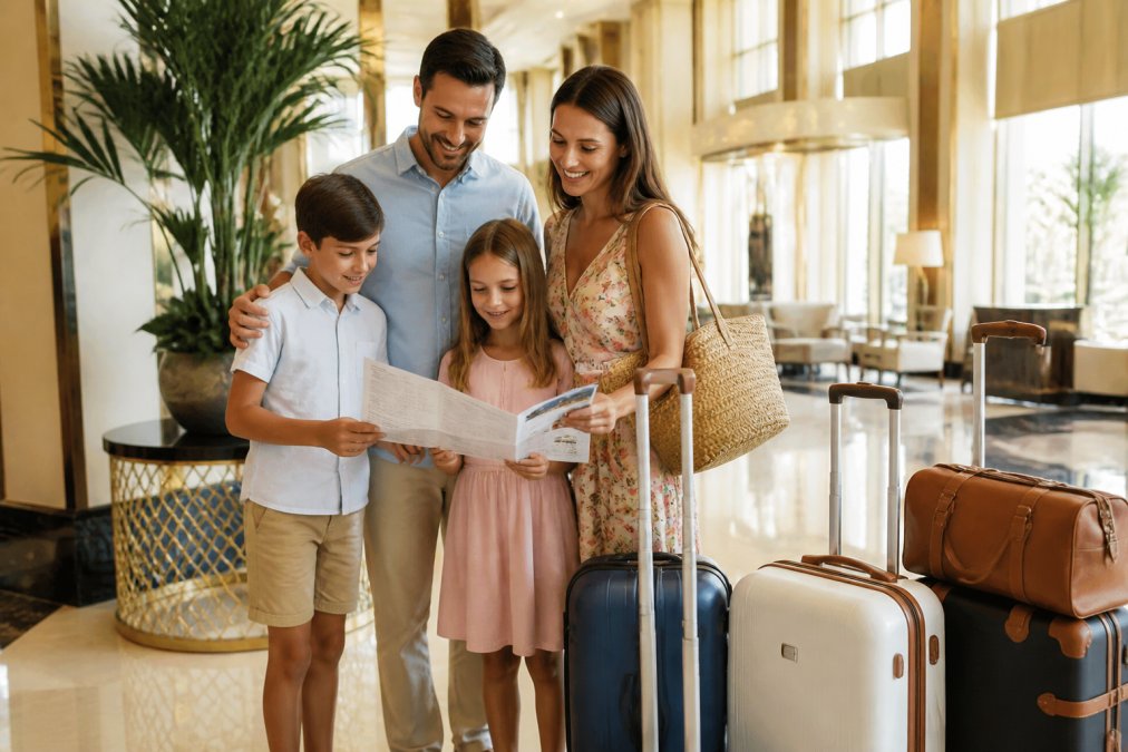 A smiling family of four with two young children reviewing a printed travel itinerary together in a bright upscale hotel lobby, luggage stacked nearby, warm natural light streaming through tall windows